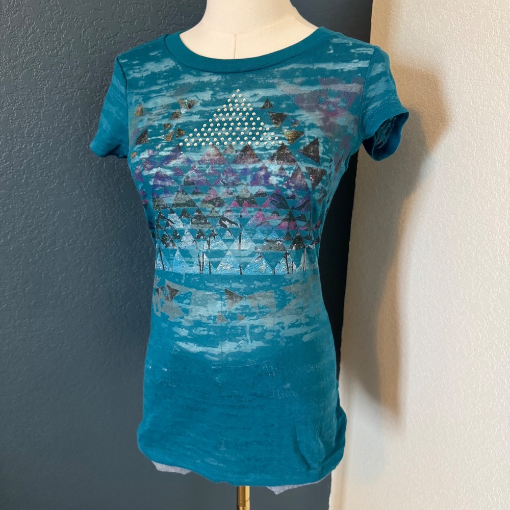 Y2K Indie Sleaze Burnout Rhinestone Tee Grane Medium Teal Blue